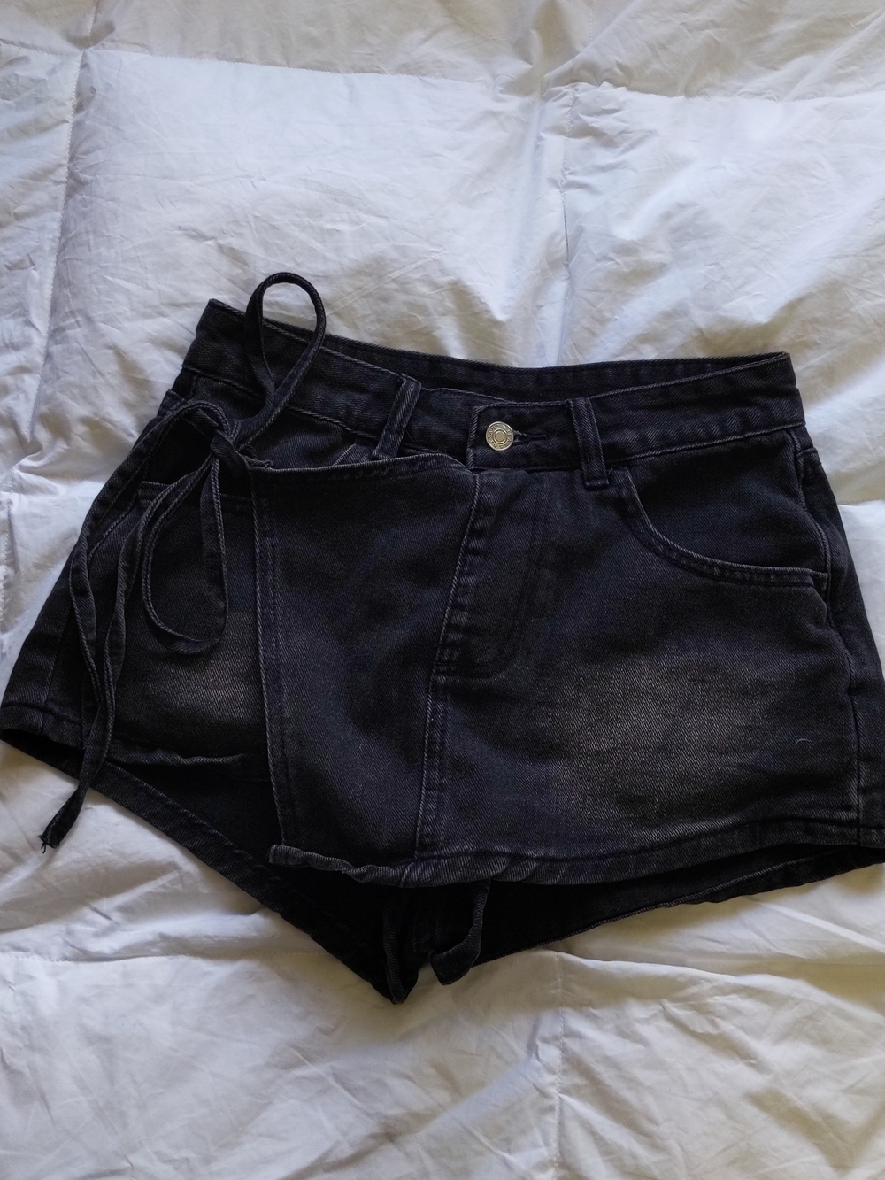 SHEIN Washed Black Tie-Waist Denim Shorts